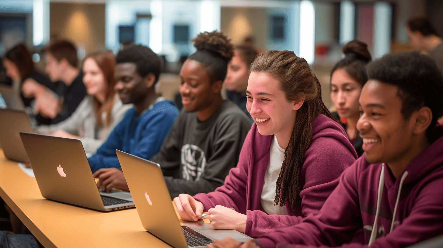 Group of students sitting in a classroom, smiling and working on laptops at a long table.