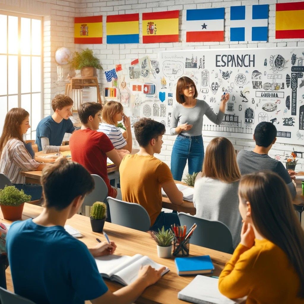 Teacher pointing at a whiteboard in a Spanish language class with attentive students seated at desks.