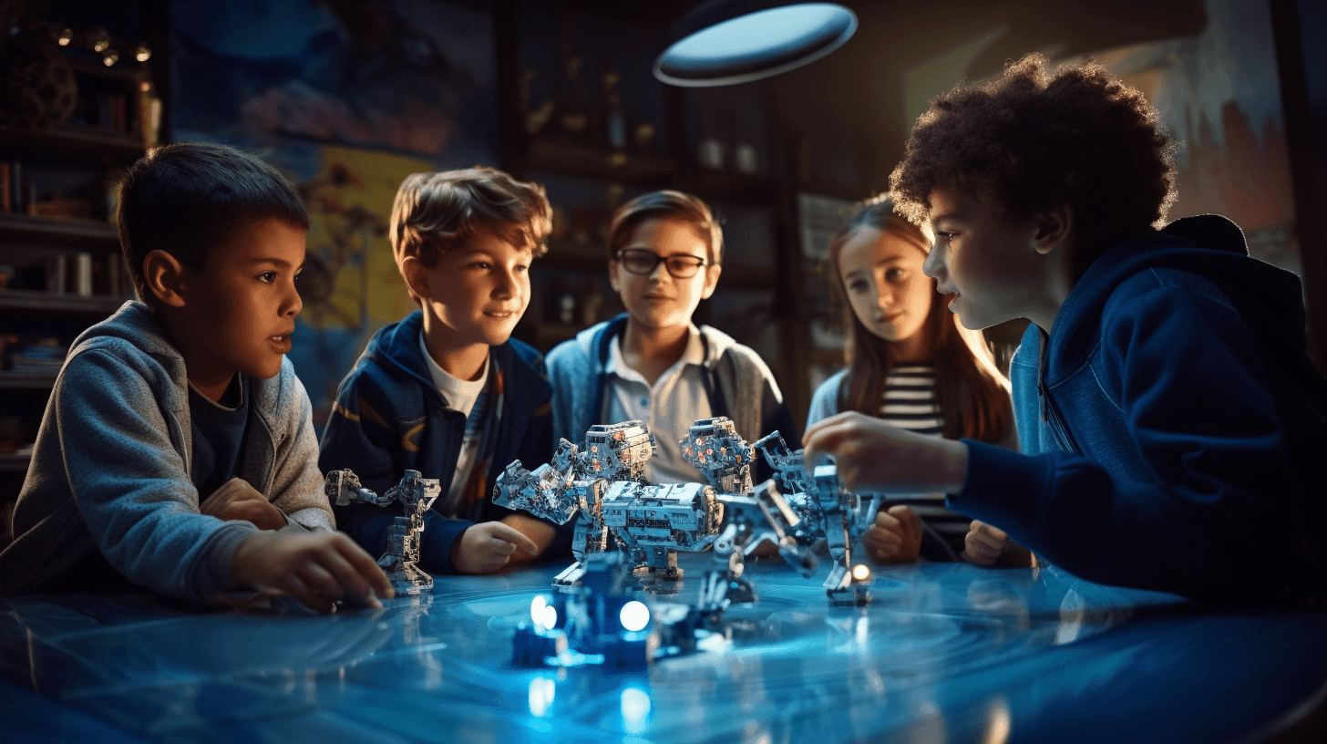 Group of children gathered around a table playing with illuminated robotic figures and a glowing blue surface.