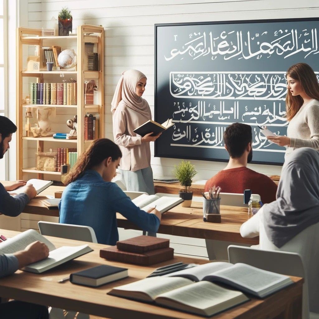 A diverse group of students in a classroom studying religious texts with Arabic script on the blackboard.